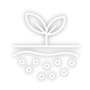 White line icon of a seedling with two leaves growing from soil containing nutrients, on a black background.