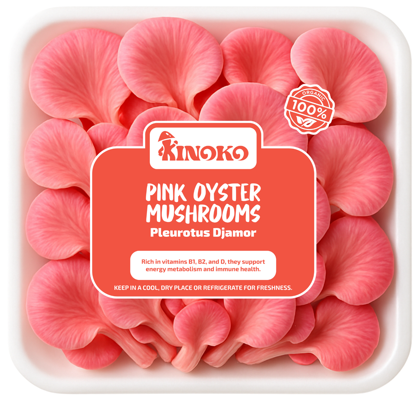 Package of bright pink oyster mushrooms labeled 'Kinoko Pink Oyster Mushrooms Pleurotus Djamor' with nutrition and storage information.