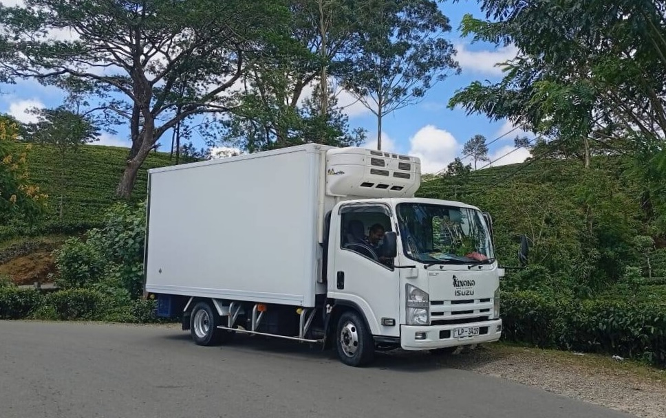 White refrigerated Isuzu truck parked on a rural road with green trees and bushes around.