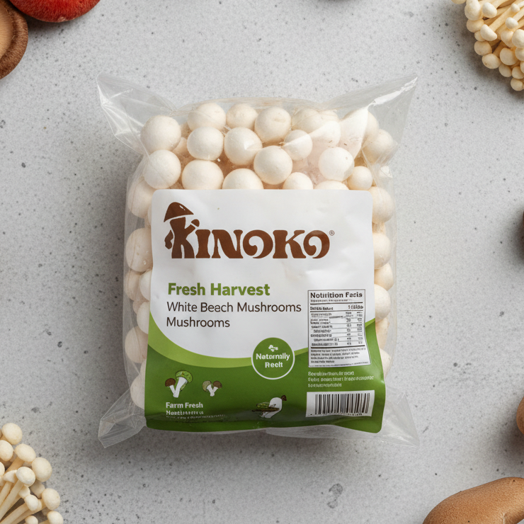 Clear plastic package of Kinoko Fresh Harvest white beech mushrooms on a gray surface.