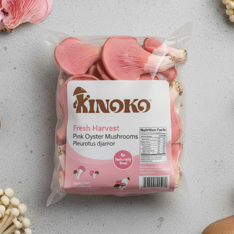 Package of Kinoko Fresh Harvest Pink Oyster Mushrooms (Pleurotus djamor) with nutrition facts on a light gray surface.