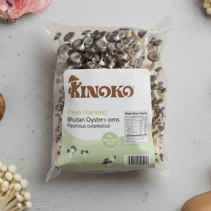 Packaged Kinoko Bhutan Oyster Mushrooms with nutrition facts label on a light surface surrounded by mushrooms.