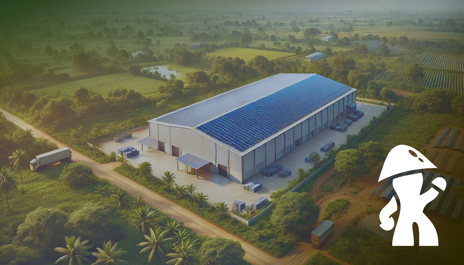 Aerial view of a large industrial warehouse with solar panels on the roof surrounded by green fields and trees.